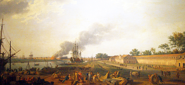 Publication : « Chesapeake. La victoire navale française qui changea le monde ». Jean-Christophe Chaumery. Éditions Pierre de Taillac. Illustration : Joseph Vernet, Vue du port de Rochefort, prise du magasin des Colonies.